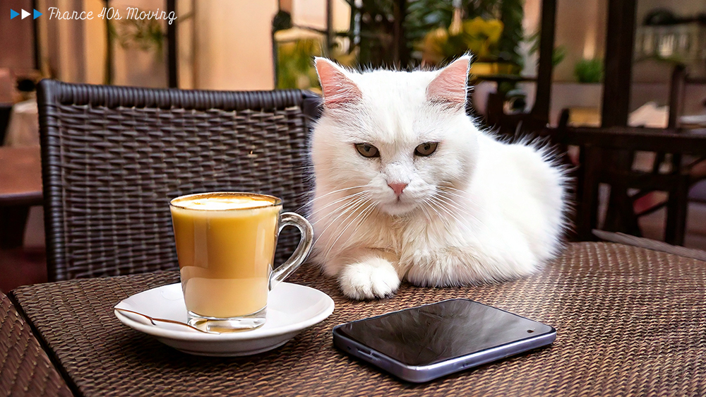 カフェでリモートワークをする猫太郎