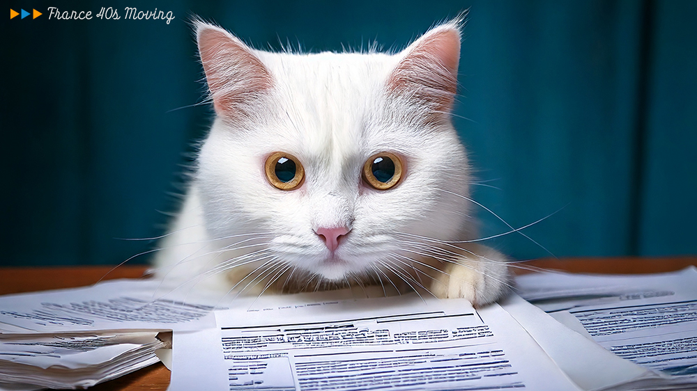 契約書に囲まれている猫太郎